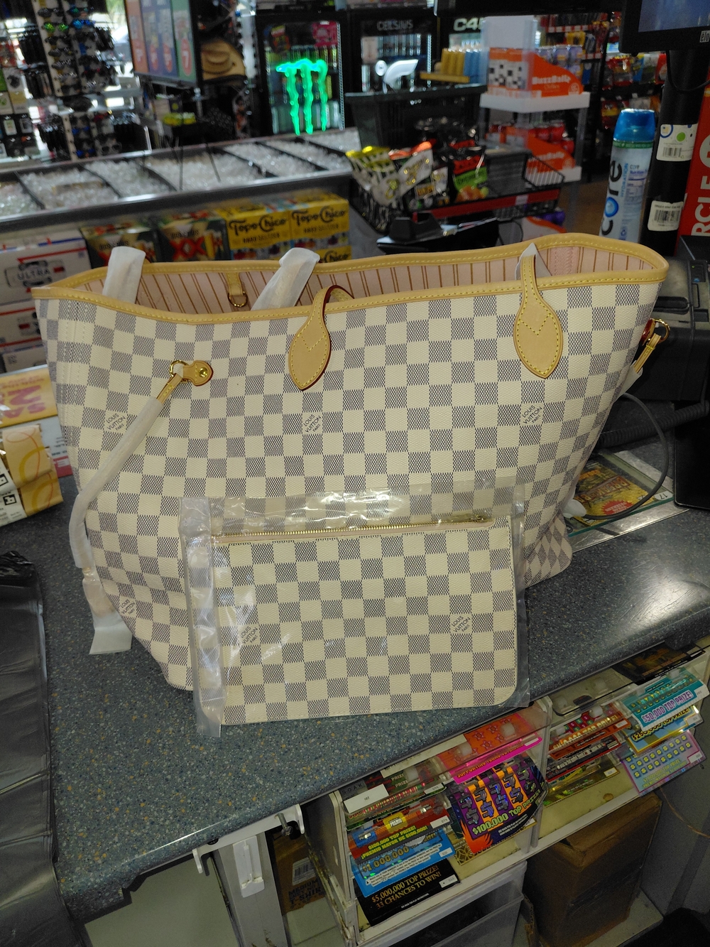 Louis Vuitton Cream and White Damier Azur Shoulder Bag with Tan Trim